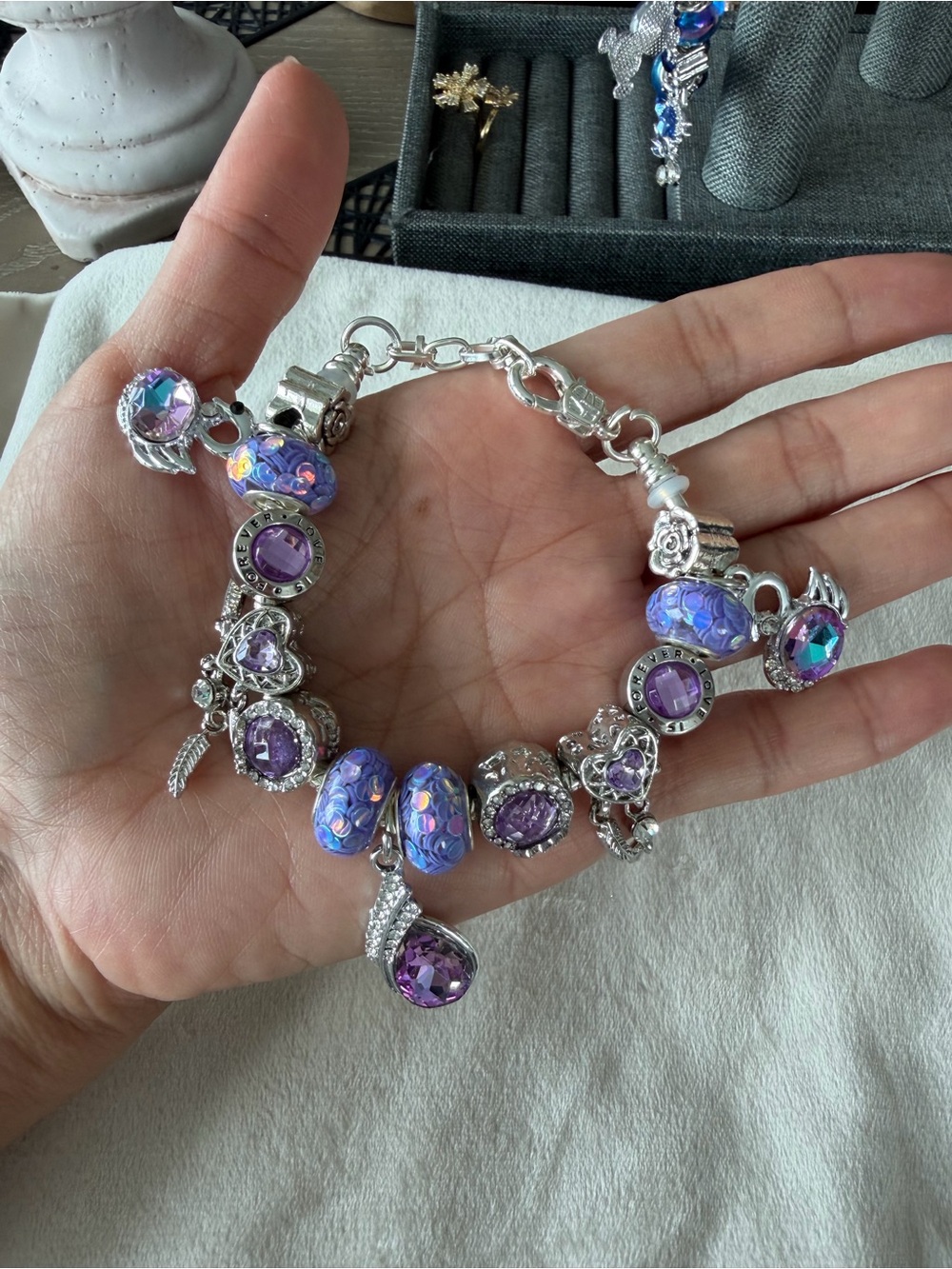 Silver Charm Bracelet with Purple and Lavender Glass Beads